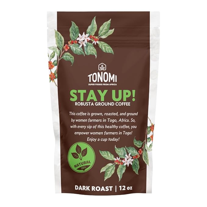 Tonomi Stay Up! Dark Roast Ground Coffee - All Natural Blend with Hint of Vanilla, Chocolate & Caramel - Coarse Grounds for Cold Brew or Traditional Brewing - Caffeine Packed, 12oz
