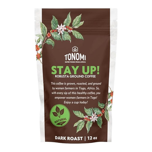 Tonomi Stay Up! Dark Roast Ground Coffee - All Natural Blend with Hint of Vanilla, Chocolate & Caramel - Coarse Grounds for Cold Brew or Traditional Brewing - Caffeine Packed, 12oz