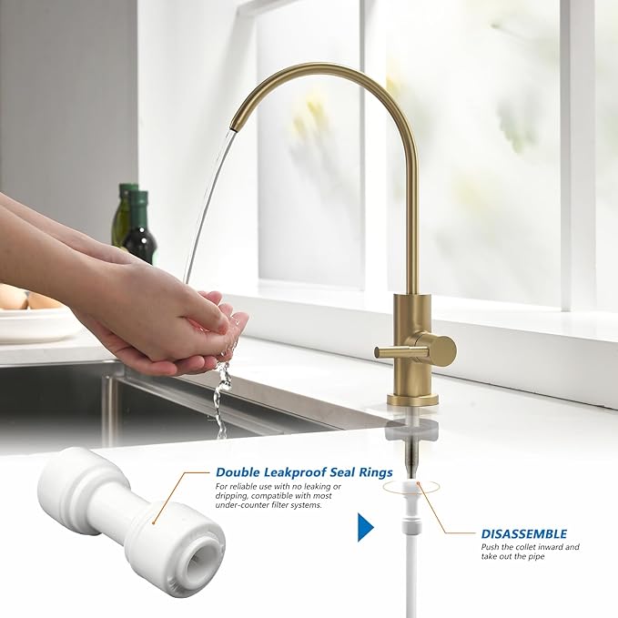 WEWE Drinking Water Faucet for Kitchen Sink, Gold Kitchen Water Filter Faucet Stainless Steel for Reverse Osmosis or Water Filtration System Beverage Non-Air Gap RO Faucet Gold Finish