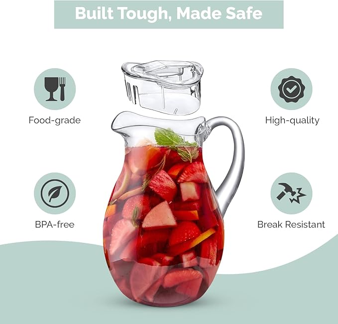 2-Pack Plastic Pitcher (72 oz), Clear Acrylic Water Pitcher with Lid, Fridge Jug, BPA-Free, Shatter-Proof, Great for Iced Tea, Sangria, Lemonade, Juice, Milk, and More