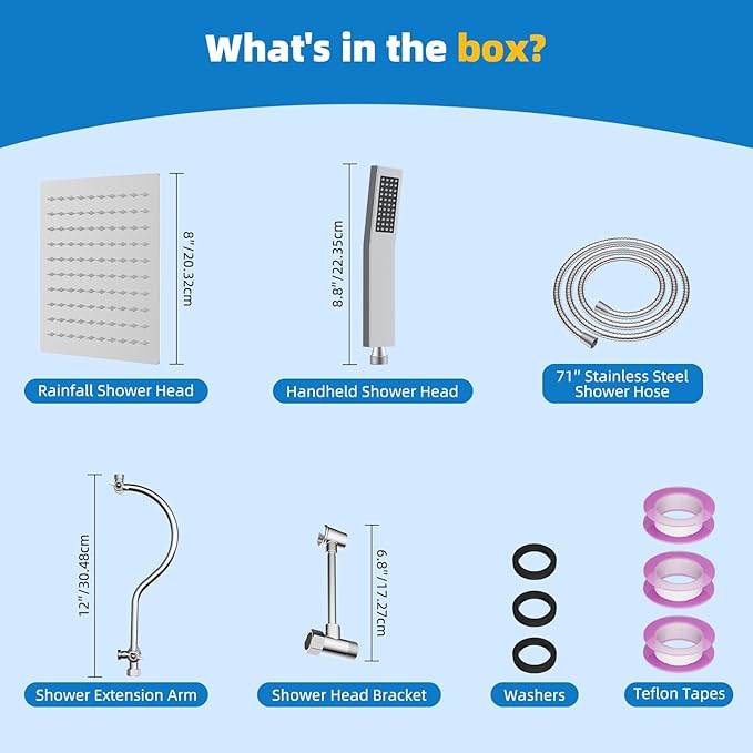 Hibbent All Metal Shower Head, 8'' High Pressure Rainfall Shower Head, Showerhead Combo, Handheld Shower Wand, 12'' Adjustable Curved Shower Extension Arm, 71'' Hose, Shower Head Holder, Chrome