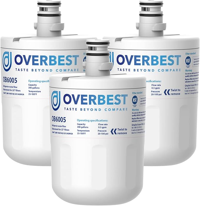 Overbest 5231JA2002A Refrigerator Water Filter, Replacement for LG® LT500P®, GEN11042FR-08, Kenmore® 9890, 46-9890, HDX FML-1, ADQ72910911, ADQ72910901, LFX25974ST, LFX25973ST, LSC27925ST, 3 Pack