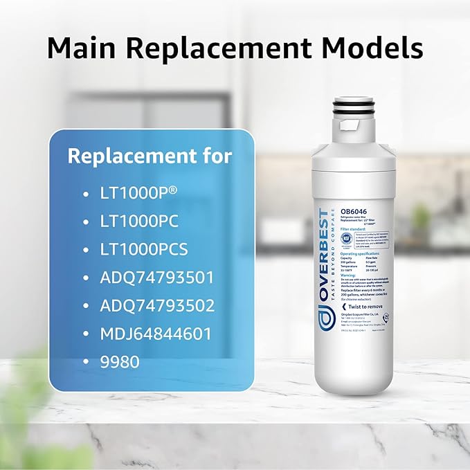 Overbest LT1000PC ADQ747935 Refrigerator Water Filter and Air Filter, Replacement for LG® LT1000P®, ADQ74793501, ADQ74793502, Kenmore 469980, 9980 and LT120F®, 3 Combo