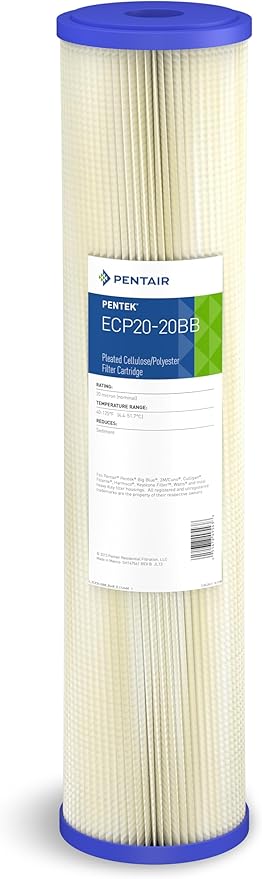 Pentair Pentek ECP20-20BB Big Blue Sediment Water Filter, 20-Inch, Whole House Heavy Duty Pleated Cellulose Polyester Replacement Cartridge, 20" x 4.5", Blue End-Cap, 20