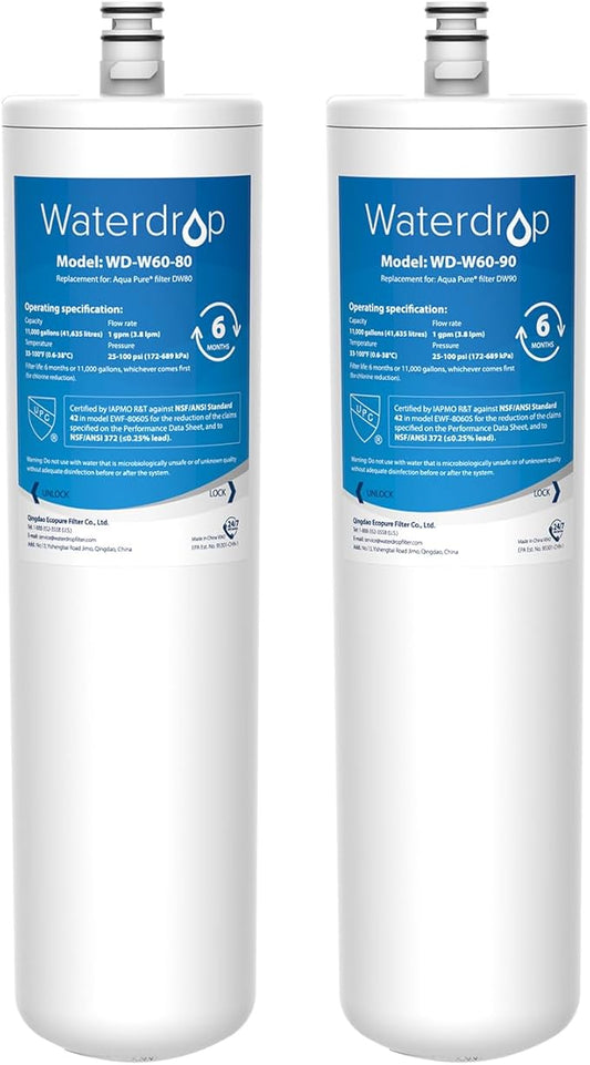 Waterdrop DW80/90 Under Sink Water Filter, Replacement for Aqua-Pure® AP-DW80/90, AP-DWS1000, Kohler® K-201-NA, Kohler® K-202-NA (Pack of 2), Model No.WD-W60-80/90