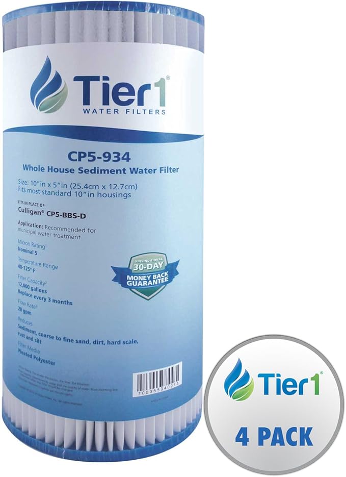 Tier1 5 Micron 10 Inch x 4.5 Inch | 4-Pack Pleated Polyester Whole House Sediment Water Filter Replacement Cartridge | Compatible with Culligan CP5-BBS-D, Pentek CP5-BB, W5CPHD, Home Water Filter