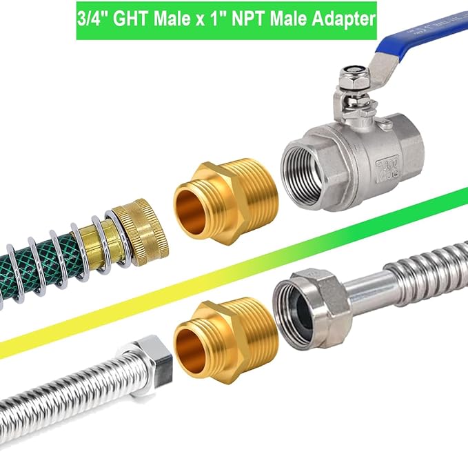 3/4" GHT Male x 1" NPT Male Garden Hose Adapters, Brass Garden Hose Repair Fittings, Water Hose Connector (2 PCS 3/4" GHT Male x 1" NPT Male)