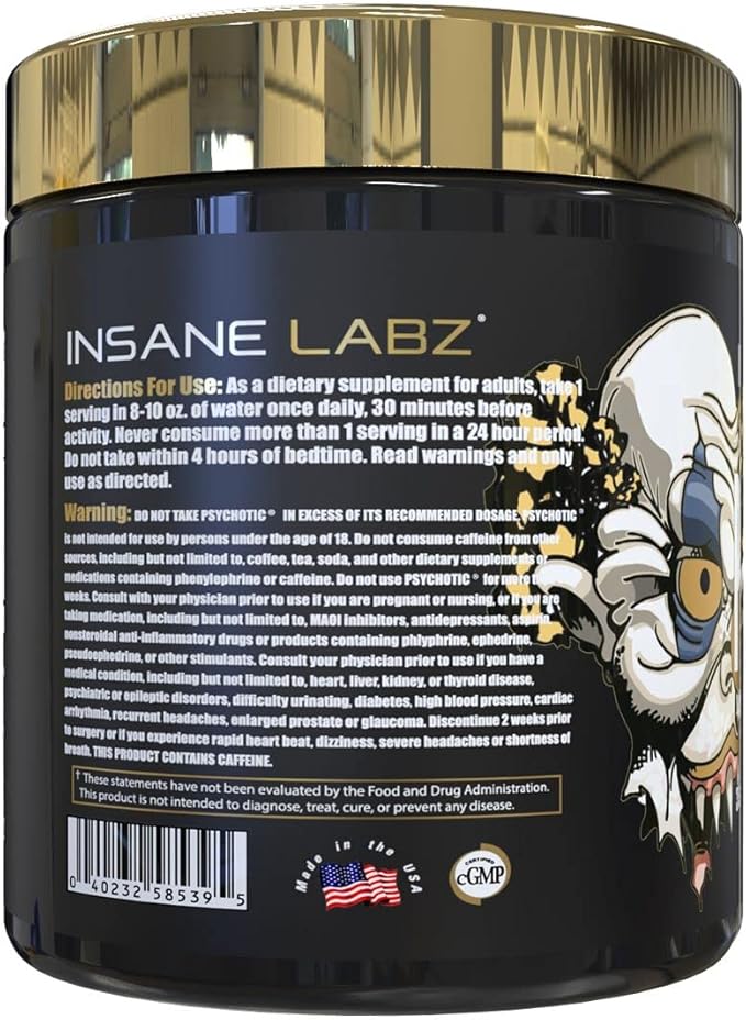 Insane Labz Psychotic Gold, High Stimulant Pre Workout Powder, Extreme Lasting Energy Focus, Pumps and Endurance with Beta Alanine, DMAE Bitartrate, NO Booster (35 Servings, Orange)