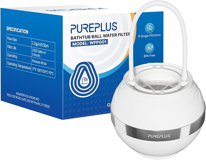 PUREPLUS Bathtub Bath Water Filter for Tub, 8 Stages Kinder Filter for Bathtub, 2500 Gallons Filtration, Removes Contaminants for Softer Skin and Hair, Reduces Chlorine & Heavy Metals, BPA Free