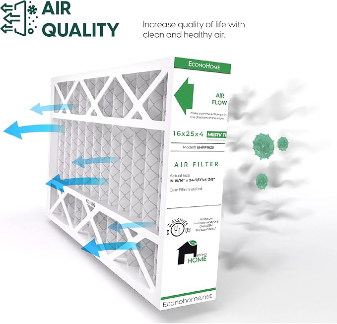 EconoHome 16x25x4 AC Furnace Pleated Air Filter MERV 11 Replacement – Allergen Defense, 1 Pack, Fits Lennox (X6670), Honeywell (FC100A1029) filters. (Actual size: 15.94 x 24.86 x 4.36 Inches)
