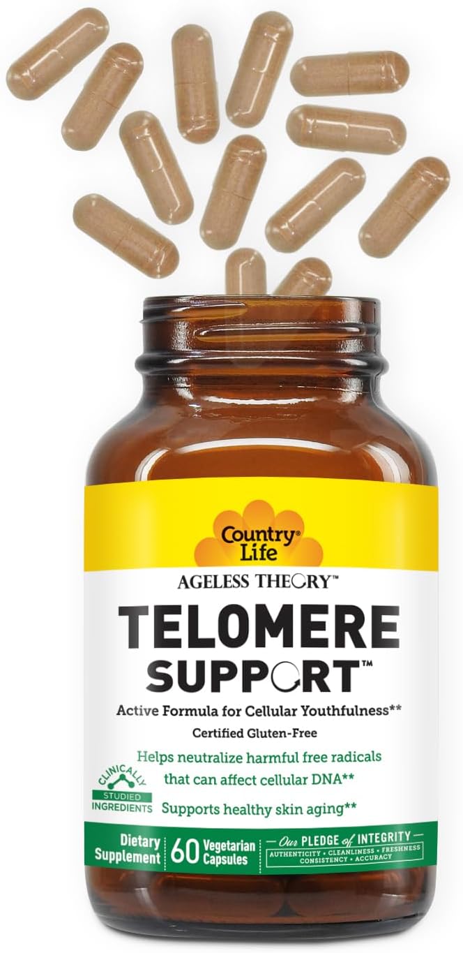 Country Life Ageless Theory Telomere Support- Certified Vegan and Gluten Free - Anti Aging Supplement - 60 Capsules - Resvinol Grape Extract - Immune & Cardiovascular Support