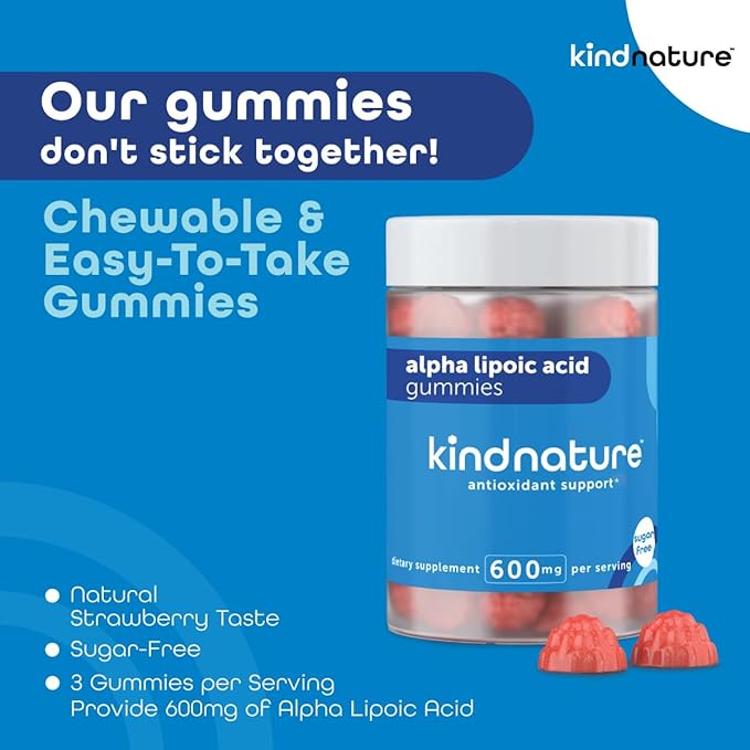 kindnature Alpha Lipoic Acid Gummies - Vegan, Sugar-Free, Low Calorie 600 mg ALA Supplement - Pure ALA Alpha Lipoic Acid 600mg for Antioxidant Support