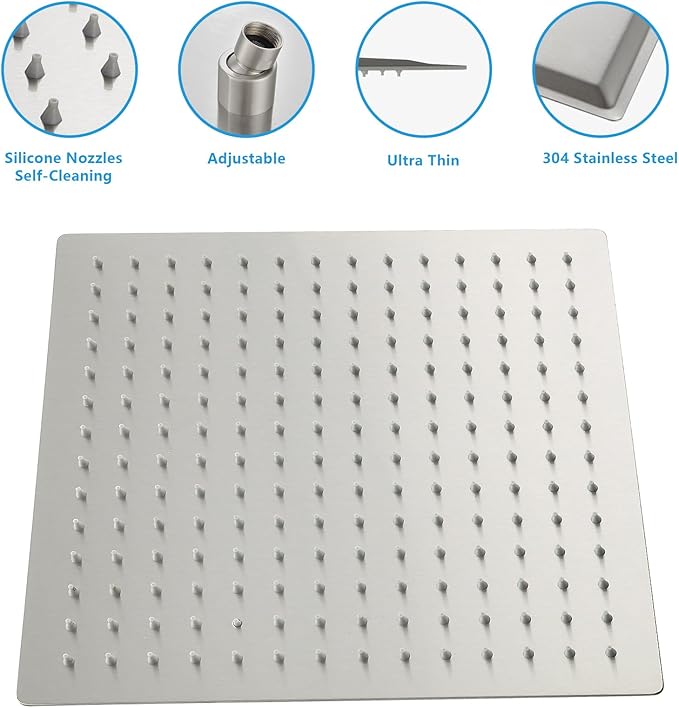 Lordear Rain Shower Head 12 Inch Solid Ultra Thin 304 Stainless Steel Adjustable Square Rainfall Shower Head Full Body Coverage with Silicone Nozzle 12” Waterfall Showerhead,Brushed Nickel