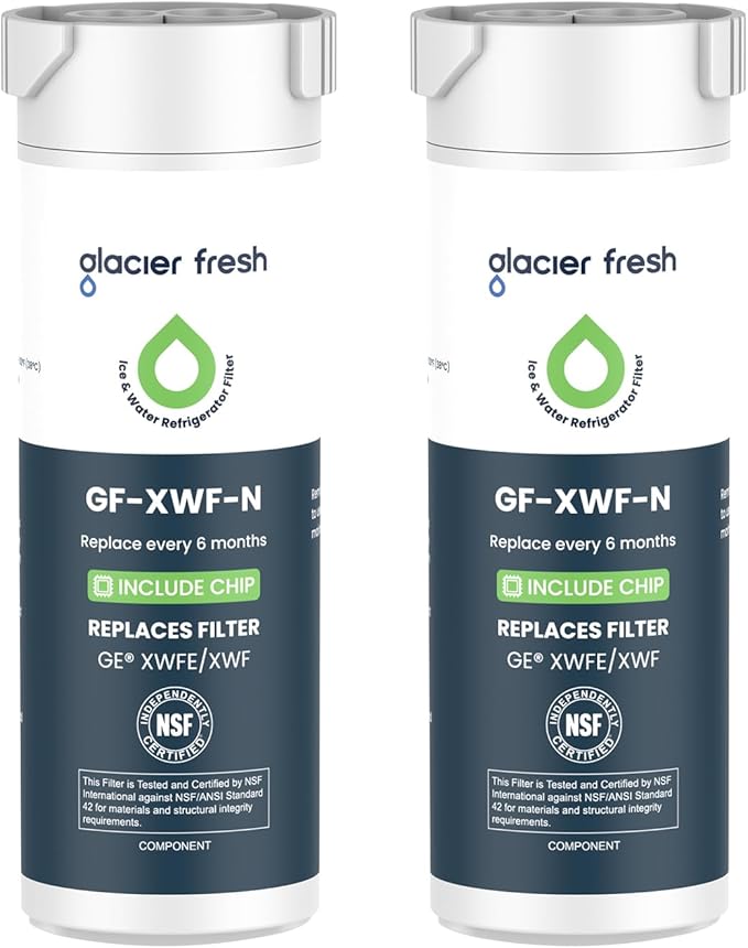 GLACIER FRESH Water Filter Compatible with XWFE (Built-in CHIP), Replacement for GE XWFE, XWF Refrigerator Water Filter NSF/ANSI 42 Certification Pack of 2