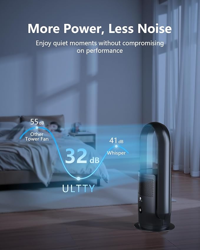 ULTTY Bladeless Tower Fan and Air Purifier in one, 90° Oscillating Bladeless Fan with Remote, Touch, 8H Timer, Floor Fans for Bedroom Whole Room Home Office R021, Black