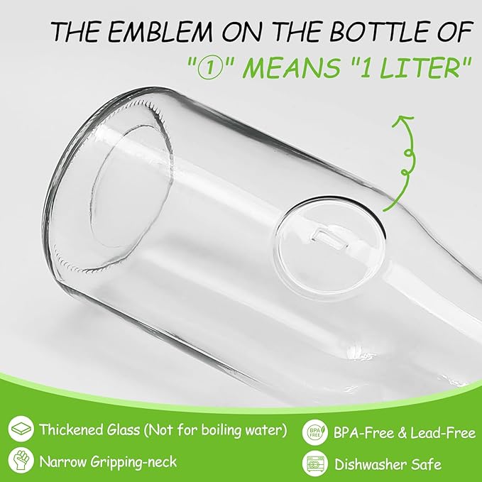 2pcs Glass Carafe with Lid, Premium Clear Water Pitcher Carafe 1 Liter Juice Containers with Lids for Brunch Cold Warm Water Beverage Wine Iced Tea Lemonade, BPA Free Shatter Proof