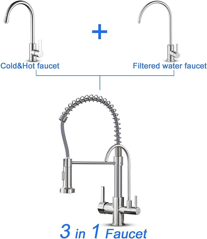 MENATT Purifier Kitchen Faucet, Commercial 3 in 1 Spring Drinking Water Faucet, Pull Down Water Filter Kitchen Sink Faucets (Brushed Nickel)