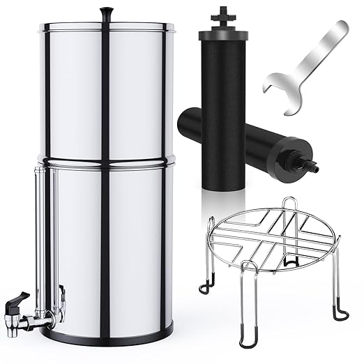 Gravity-fed Water Filter System, NSF/ANSI 372 Certification, 304 Stainless Steel Water Purifier System with Sight Glass Spigot, 2 Water Filters and Stand, Refreshing Water at Home, Camping,2.25 Gallon
