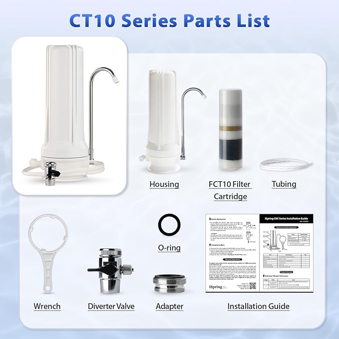 iSpring CT10-W Countertop Water Filter, Multi-Layer Faucet Water Filter System with Versatile Faucet Adapter, Reduces Heavy Metals, Bad Odor, and Chlorine, White