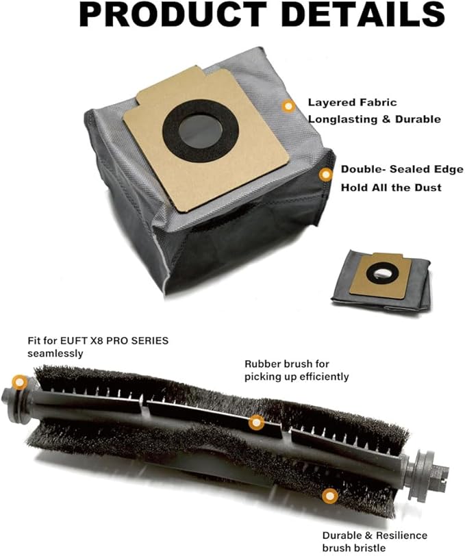 17 Pack Vacuum Replacement Parts Kit for Eufy X8 Pro, Robot Vacuum Cleaner Accessories Fit for Eufy, 1 Brush Roll, 4 Side Brushes, 4 Mop Pads, 4 HEPA Filters, and 4 Dust Bags