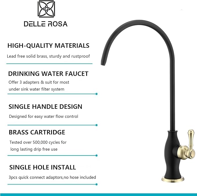Delle Rosa Drinking Water Faucet, Solid Brass Kitchen Water Filter Faucet, Commercial Water Filtration Faucet for Under Sink Water Filter System Black& Gold