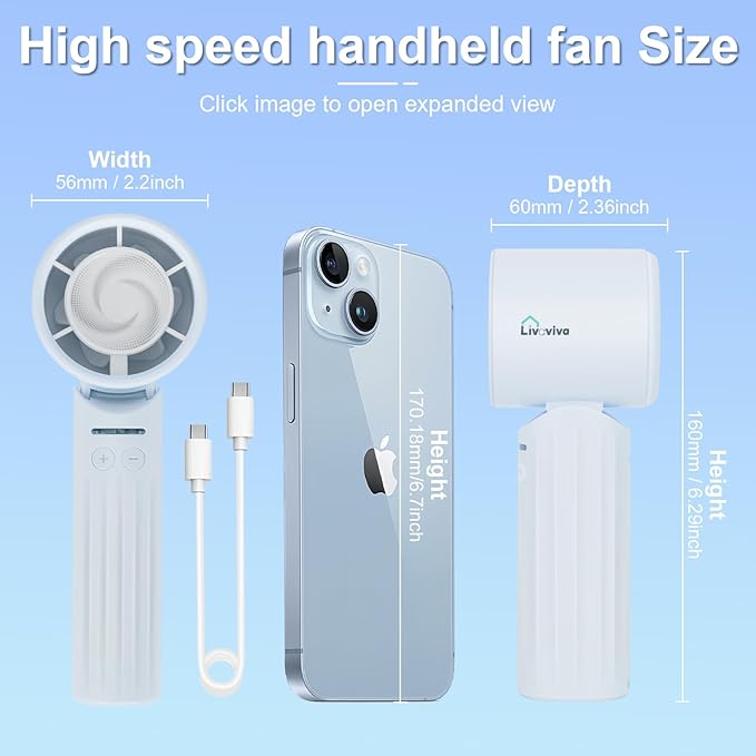 Handheld fan, adjustable blowing angle, mini portable turbo fan, USB Type-C rechargeable, infinitely variable speed high-speed personal fan, 11 Hours Battery Life(Candy Blue)