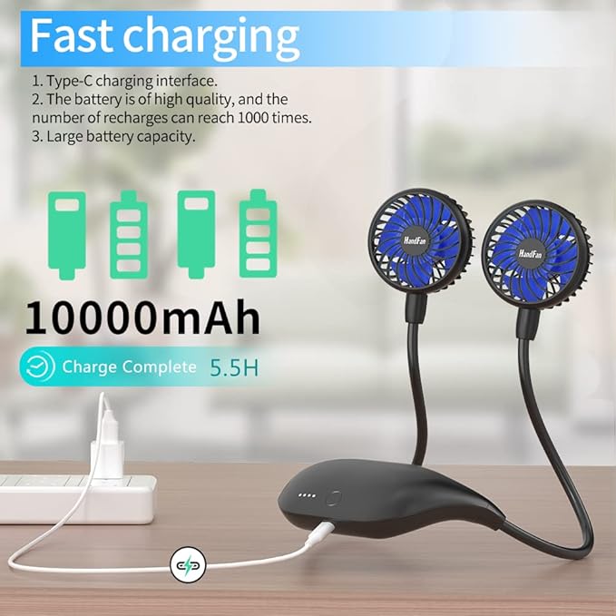HandFan 10000mAh Neck Fan, 360° Rotation Hands Free Portable Fans for your Neck, 48h Lasting Rechargeable Battery Operated Wearable Necklace Personal Cool Fans for Travel/Disney/Sports/Cycling/Hiking