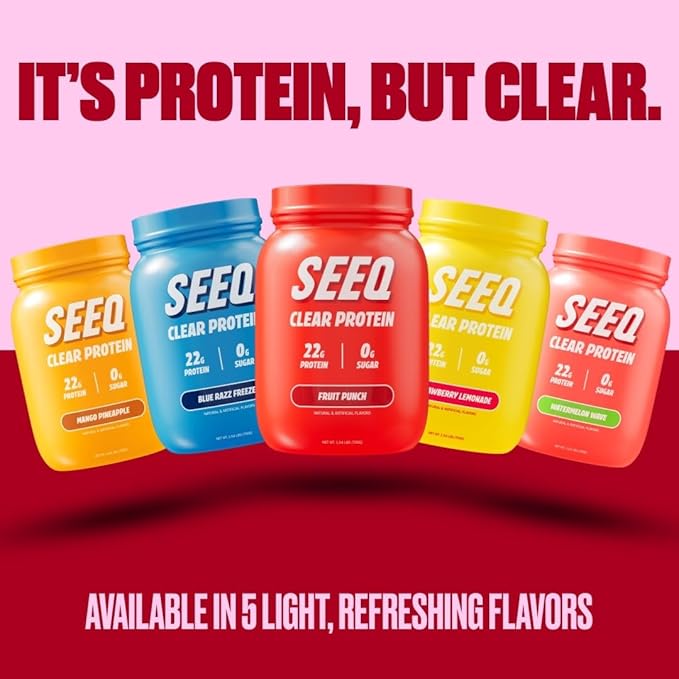 SEEQ Clear Protein Powder - Fruit Punch - 25 Servings - 22g Clear Whey Protein Isolate - Zero Sugar - 0g Lactose - Allergen Friendly - GLP1 Support - Bone Health - Muscle Post Workout Recovery