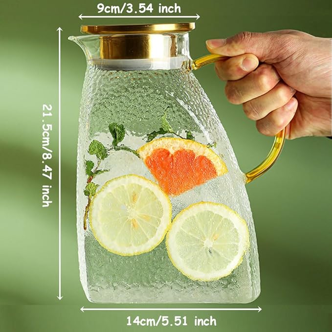 1.8L Glass Pitcher with Stainless Steel Gold Lid - Ideal Fridge Door Water Pitcher for Hot or Cold Beverage, Iced Tea, Juice, Milk, Coffee, Lemonade