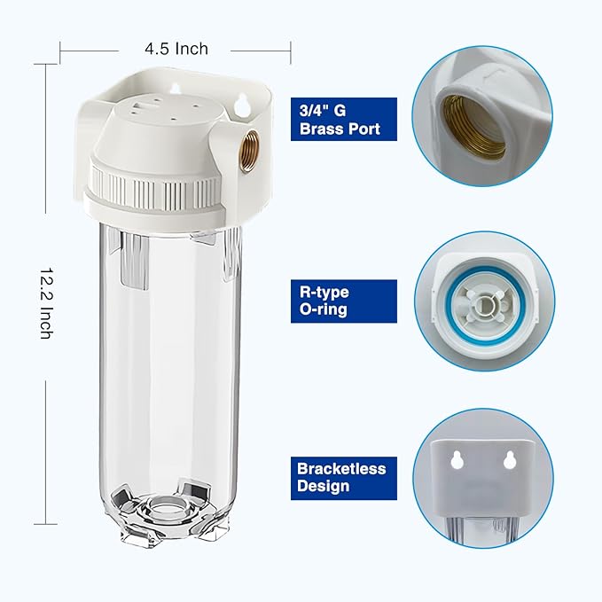 Whole House/RV Water Filter Housing Clear, 10" X 2.5" Inline Sediment Water Filter for RV, Home, Garden, Aquarium, Maple Syrup RO System, 3/4" G Brass Port, R-Type O-Ring, Bracketless - 1025CWH