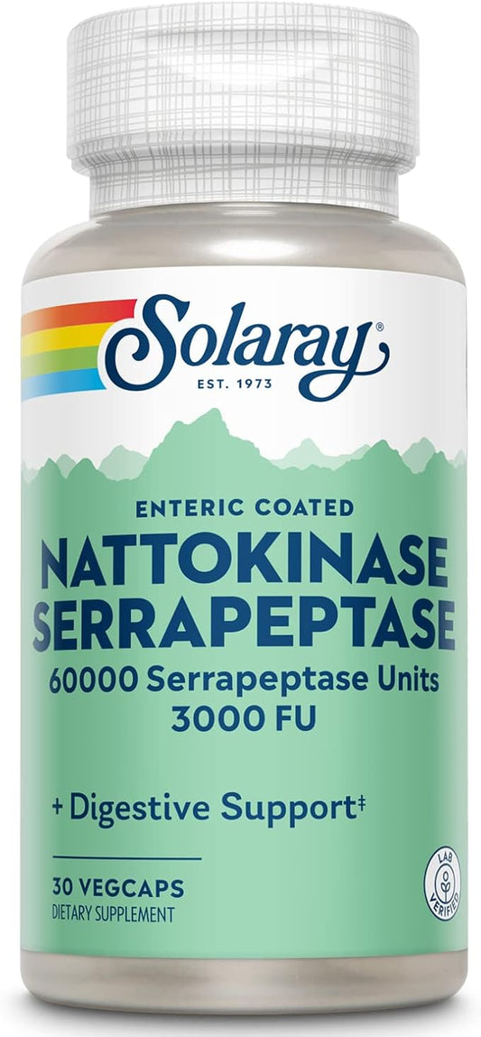 SOLARAY Nattokinase Serrapeptase Supplement - Enteric Coated - 3000 FU Nattokinase Supplement - Circulation, Cardiovascular, Sinus Support - Lab Verified, 60-Day Guarantee - 30 Servings, 30 VegCaps