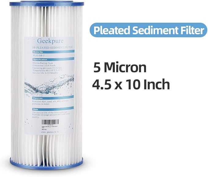 Geekpure 10-Inch Whole House Pleated PP Sediment Filter-4.5" x 10"-5 Micron