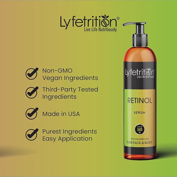 Retinol Acne Serum by Lyfetrition, Infused with Hyaluronic Acid and Vitamin C, Pomegranate & Green Tea,Face toner, Reduce Wrinkles, Pores and Fine Lines, Moisturize & Supple Skin, (12 FL oz)