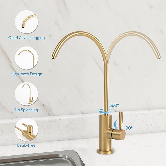 Reverse Osmosis Faucet, Filtered RO Drinking Water Faucet for Kitchen Sink, Non-Air Gap, 360-degree Rotation, Lead-Free, 304 Stainless Steel, Brushed Gold