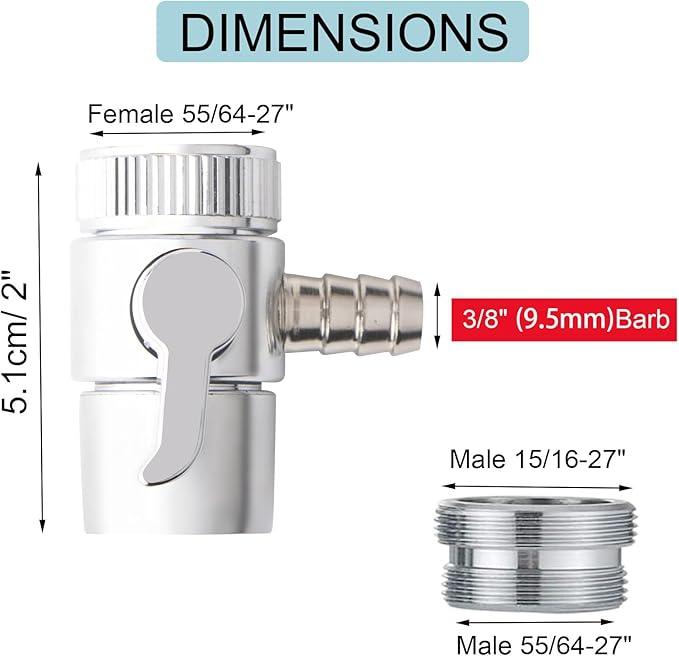 2 Pack Countertop Water Filter Diverter Valve with Barb Connector, Faucet Diverter Adapter for 6mm, 8mm, 9.5mm Tubing or Hose, Compatible with Standard Kitchen Faucets