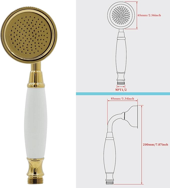 HOMEDEC Traditional Telephone Style Brass Handheld Showerhead with 59inch Hose Gold Finish - Antique Shower Head Replacement No Wand Holder, Vintage Hand Shower Spray with Ceramic Handle