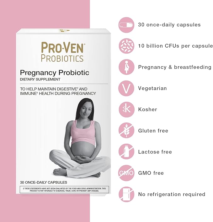 Pro-Ven Prenatal Probiotic for Women with Vitamin C & Calcium | 10 Billion CFUs | Supports Immune & Digestive Health During Pregnancy | Safe for Mum & Baby | 30 Probiotics Capsules | Vegetarian