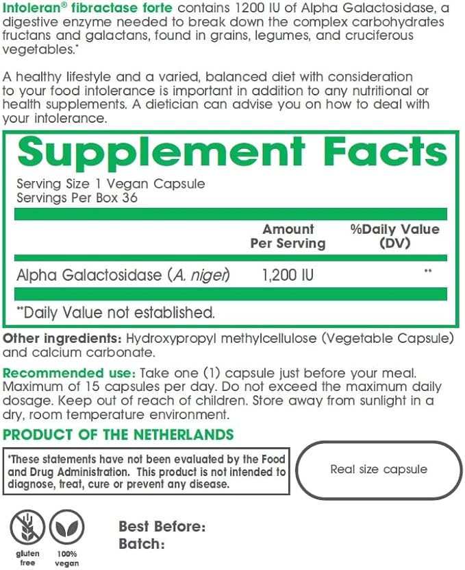Fibractase Forte Digestive Enzymes - 36 Capsules | Supplement for Fructans & Galactans Intolerance | Helps Digest Carbohydrates; Grains, Legumes, Onion, Garlic & wheats | Pure and Vegan