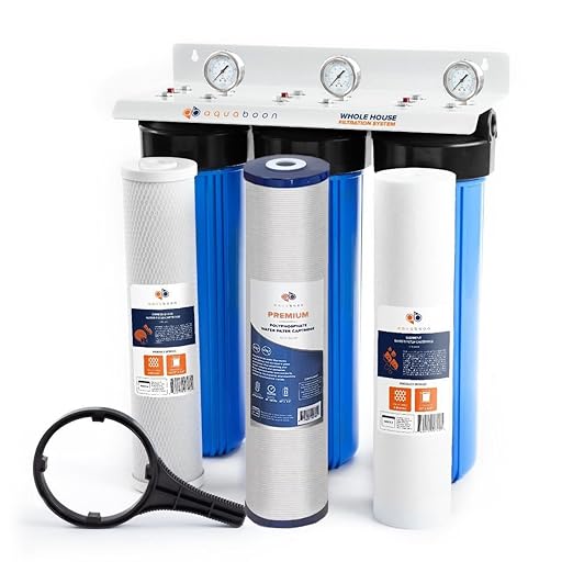 Aquaboon 3-Stage Whole House Water Filter System with 20x4.5 Sediment, Anti-Scale, Carbon Block Filters, Pressure Gauges & Release, Wrench, Bracket