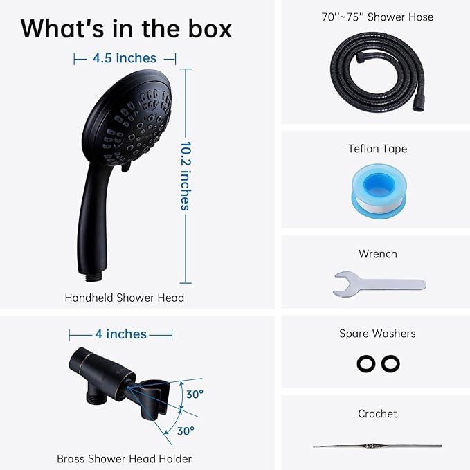 G-Promise High Pressure Shower Head 6 Spray Setting with Adjustable Solid Brass Shower Arm Mount and Extra Long Flexible Stainless Steel Hose (Oil Rubbed Bronze)