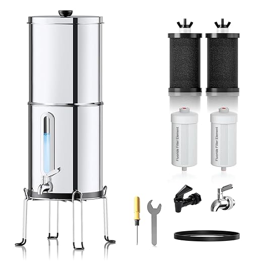 2.25G Gravity Water Filtration System - Water Level Window、8-Stage 0.01μm Ultra-Filtration,18/8 Stainless Steel Countertop System - Reduce Up to 99.9% Chlorine, for Home, RVing, Camping