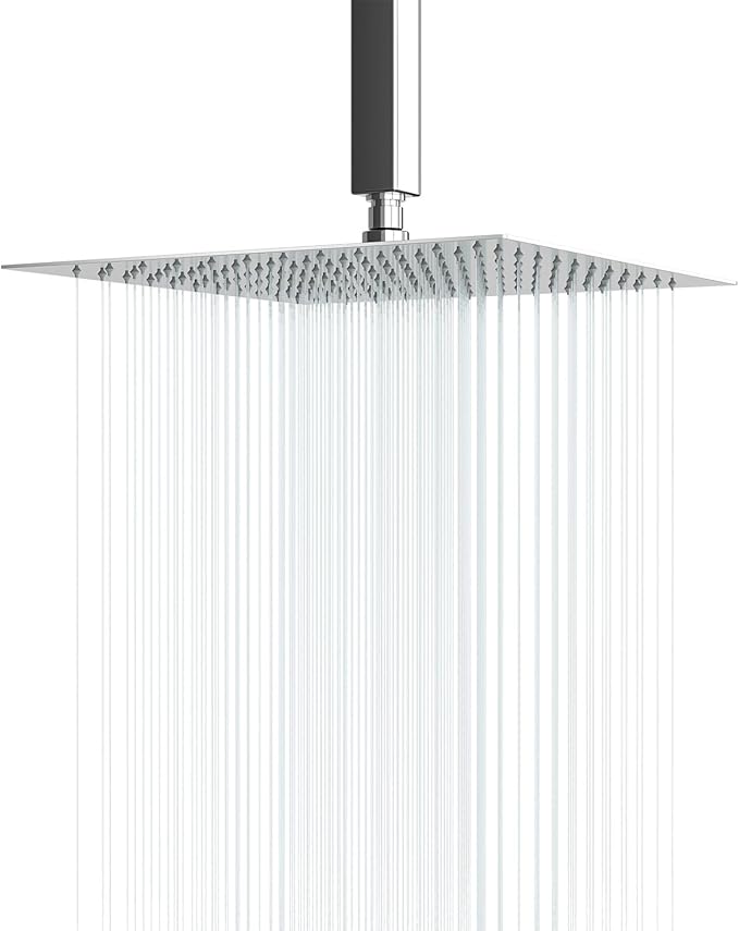 Lordear 12 Inch Square Shower Head Polish Chrome Solid Ultra Thin 304 Stainless Steel Rain Setting Shower Heads,Waterfall Full Body Coverage with 144 Silicone Nozzles