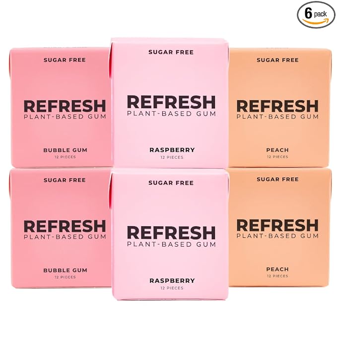 Refresh Gum, Xylitol, Natural, Sugar Free, Aspartame Free, Plastic Free, Natural Flavors & Organic Ingredients, Non GMO, Gluten Free, Vegan, 12 Count (Pack of 6), Fruit Variety Pack