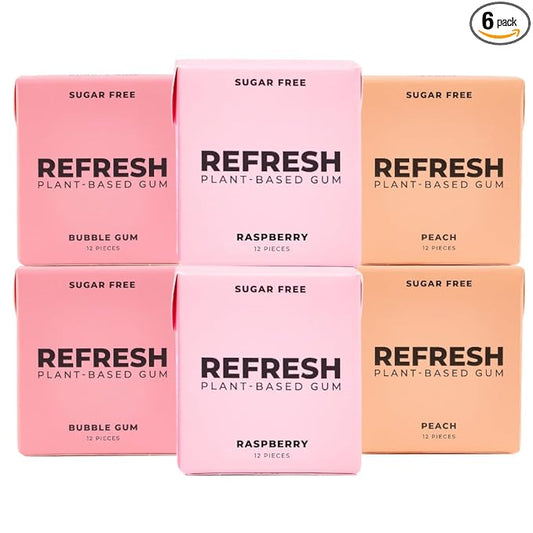 Refresh Gum, Xylitol, Natural, Sugar Free, Aspartame Free, Plastic Free, Natural Flavors & Organic Ingredients, Non GMO, Gluten Free, Vegan, 12 Count (Pack of 6), Fruit Variety Pack