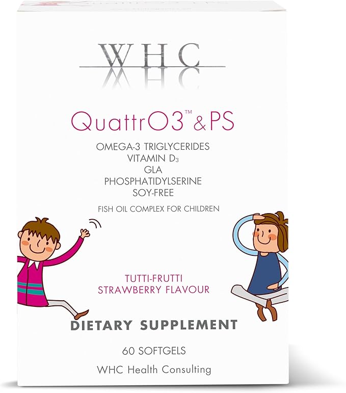 WHC, QuattrO3 & PS, Fish Oil Complex for Children, Omega-3 Triglycerides, Vitamin D3, GLA, Phosphatidylserine, Soy Free, Tutti-Frutti Strawberry Flavor, 60 Softgels