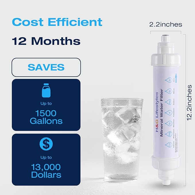 H&G Lifestyles Remineralization Filter,Water Remineralizer for Reverse Osmosis, Mineral Water Filter with 1/4" Quick Connect Thread, Restore Essential Minerals for RO Water System,1,500 Gallons