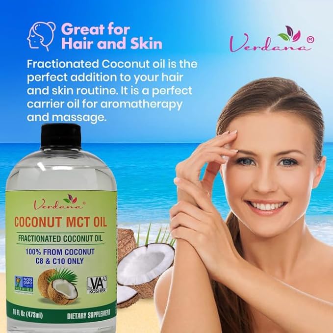 Verdana MCT Oil – 16 Fl Oz Dietary Supplement – 100% Coconut Derived, Fractionated, Food Grade – for Oil Pulling, Keto Coffee, Oral Rinse, Massage & Aromatherapy – Vegan, Non-GMO, Kosher