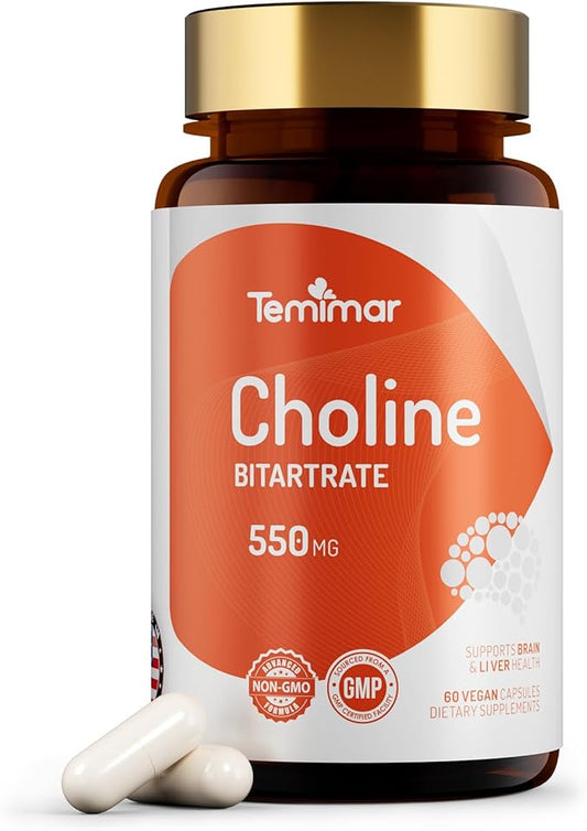 Choline Bitartrate 550mg, Supports Liver & Brain Health, High Absorption Choline Supplements, Non-GMO, Gluten-Free, Made in USA, 60 Vegan Capsules
