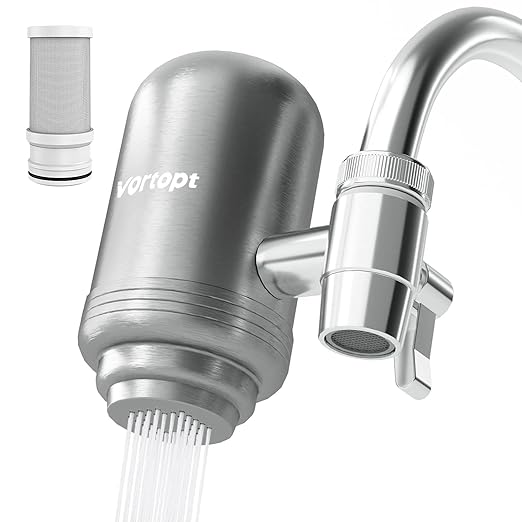 Faucet Water Filter for Sink, Rapid Flow - 400 Gallons Faucet Mount Water Filtration System for Tap Water, NSF Certified Reduces Chlorine (Grey-T2-1 Filter)