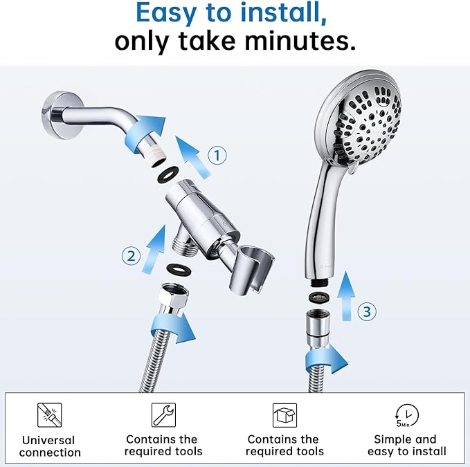 G-Promise High Pressure Shower Head 6 Spray Setting with Adjustable Solid Brass Shower Arm Mount and Extra Long Flexible Stainless Steel Hose (Chrome)